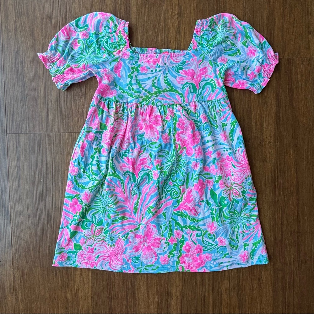 Lilly Pulitzer Mini Delaney Dress Girls Small 4-5 Leaf It Wild Pink Blue Tropica